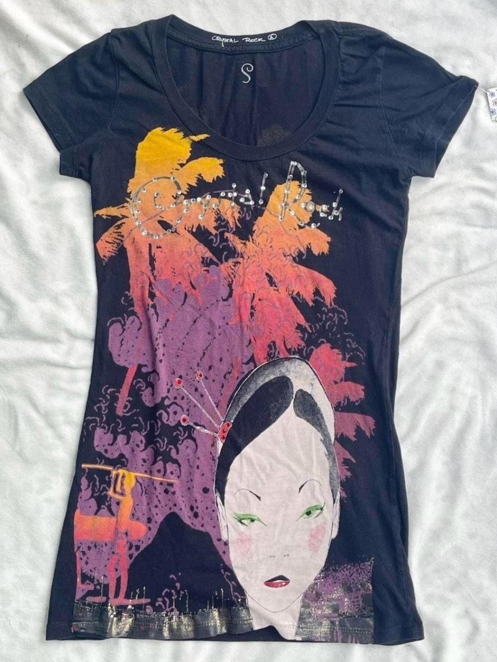 Christian Audigier Black Graphic Scoop Neck Tee - Palm Tree & Geisha Print